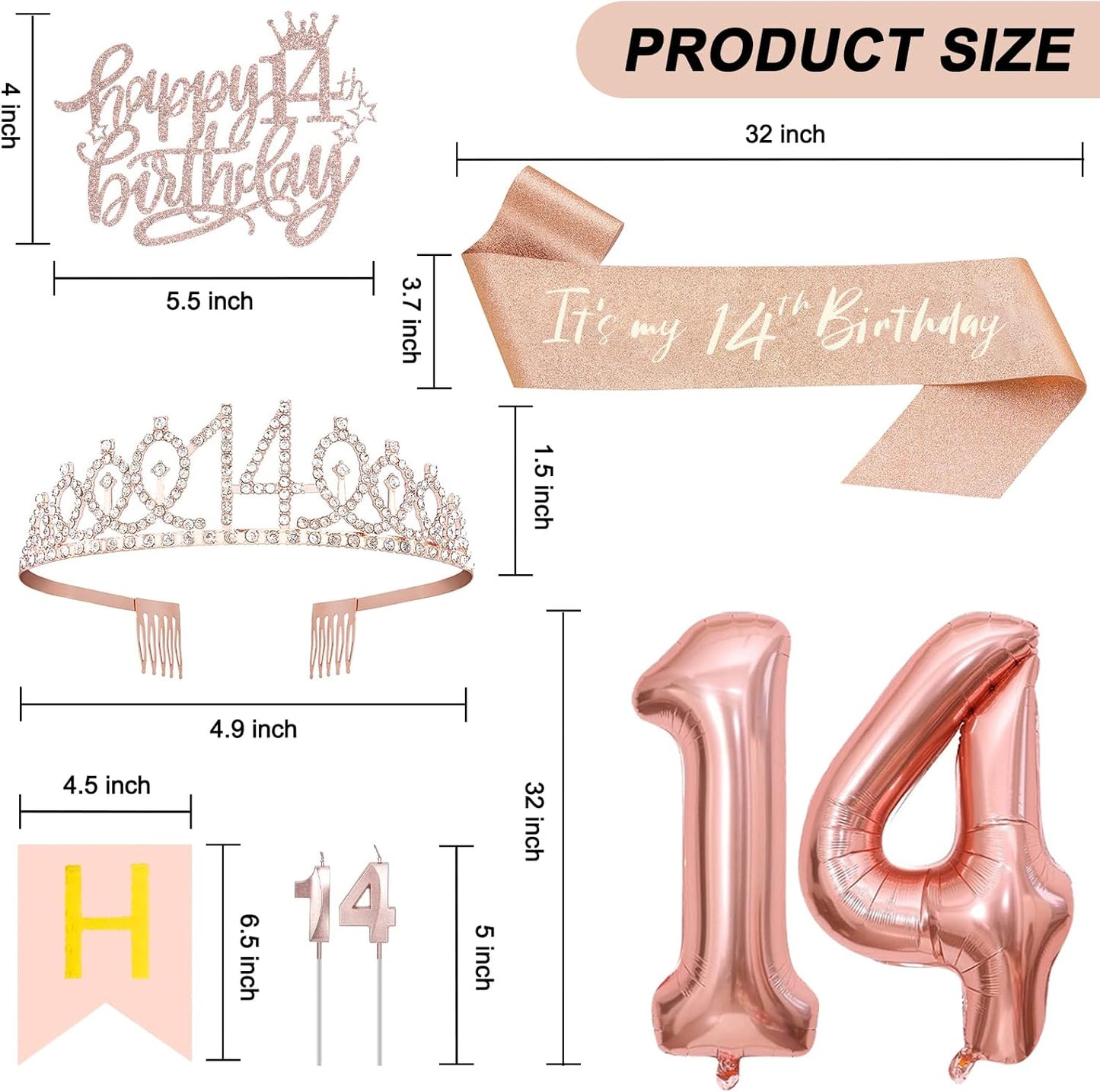 14th Birthday Decorations for Girls, Including 14th Tiara and Sash, Happy Birthday Banner, Cake Toppers, Number Candles and Balloons Set, Rose Gold