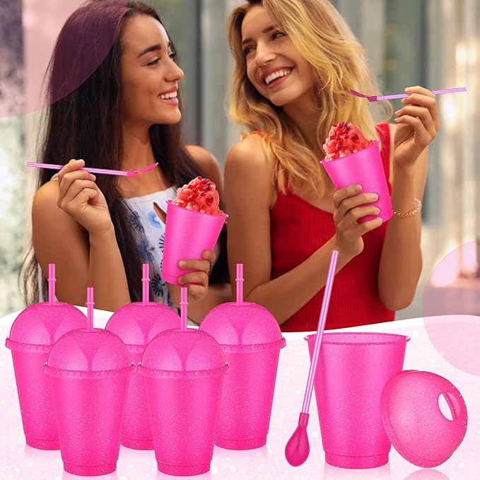 6 Set Slushie Cups with Dome Lids and Straws Detachable Spoon Straws Reusable Plastic Iced Coffee Cups Smoothie Tumbler for Birthdays Summer Party Supplies(Rose Red,16 oz)