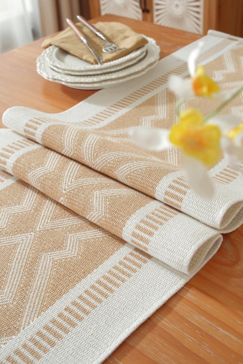Boho Table Runner , Natural Cotton Woven Khaki Runner,for Modern Farmhouse Decor, with Tassels for Home Dining Table Decor 14 x 90 Inch Long
