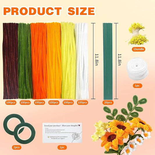 620 Pieces Golden Pipe Cleaners Craft Set, 600 Pcs Chenille Stems with 20 Pcs Flower Stems, for DIY Art and Craft Projects Creative Gift Wrapping Party Decorations(Sunflower Series)