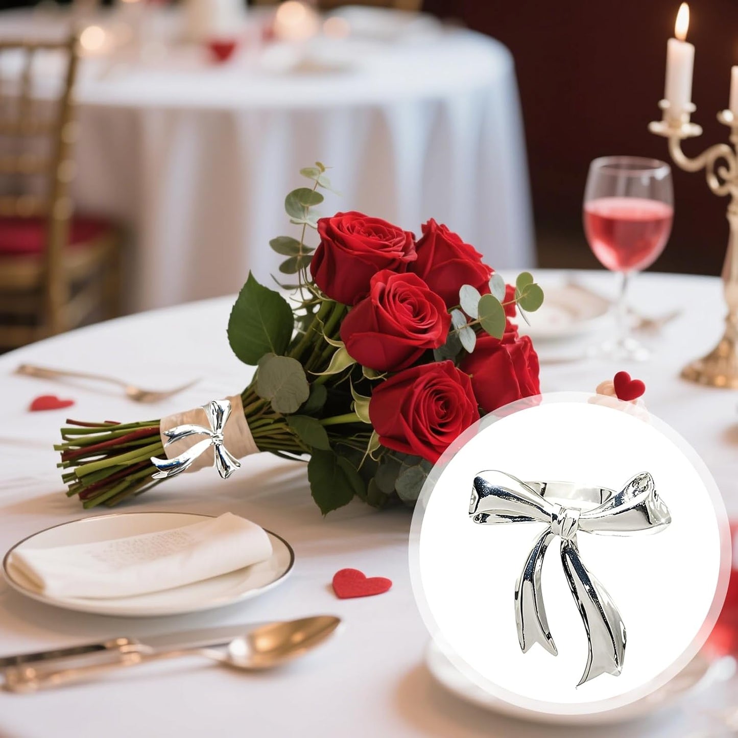 Silver Bow Napkin Rings Set of 6 Christmas Bow Tie Napkin Rings for Xmas Wedding New Year Banquet Decor,Shiny Metal Bowknot Napkin Ring Holders for Holiday Birthday Anniversary Family Dinner