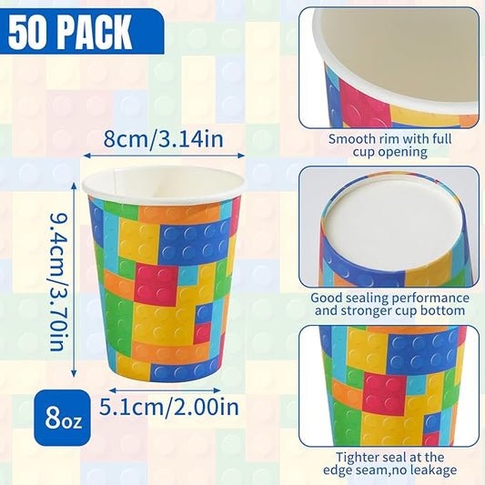 8 oz 50 Pack Disposable Paper Coffee Cups, Disposable Paper Cups for Cold and Hot Drinks, Leak-Proof Drinking Cups for Office, Party, Home, Picnic, Travel and Events (Colored Blocks)