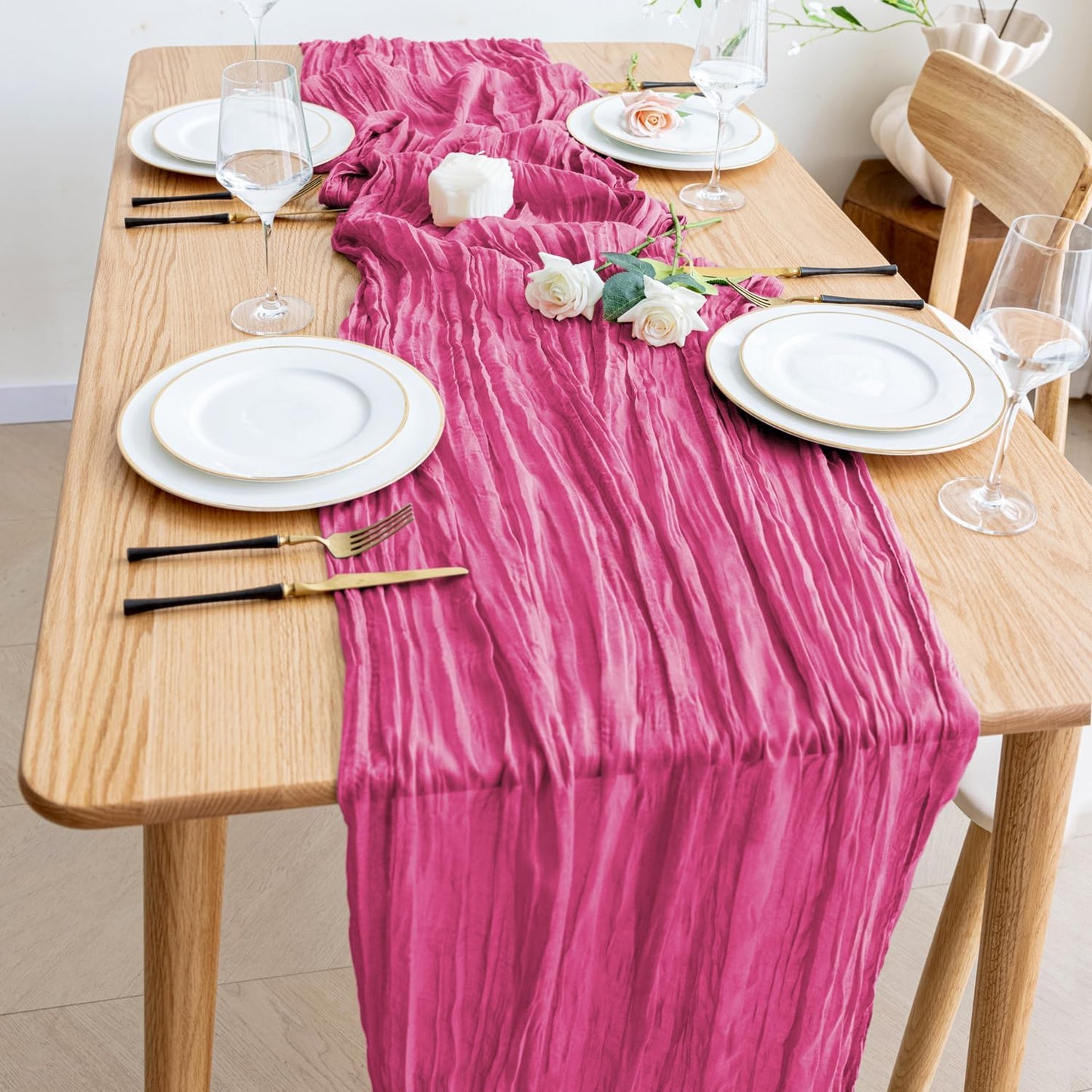 Wokceer Cheesecloth Table Runner 10FT Deep Pink Boho Gauze Fall Thanksgiving Cheese Cloth Table Runner for Party Long Rustic Sheer Table Runners for Baby Bridal Shower Wedding Easter Table