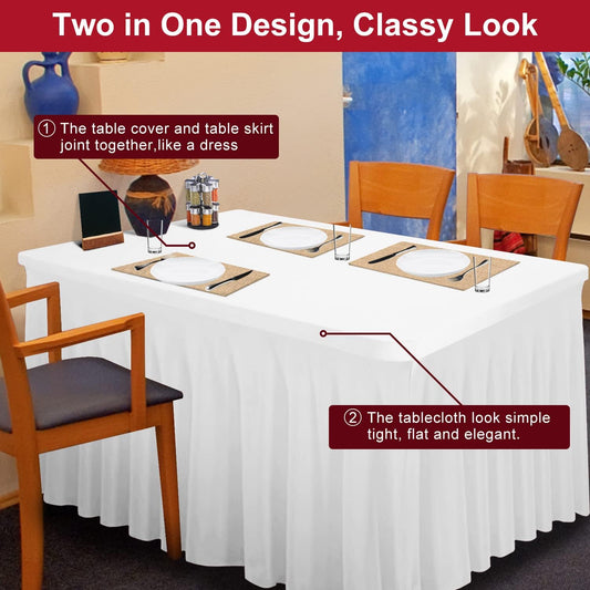Thick Spandex Table Skirt and Cover 6ft, Rectangle Fitted Tablecloth with Pleated Skirt, Wrinkle Free Rectangular Table Cloth for Banquets and Vendor Event (White, 72"*30"*29")