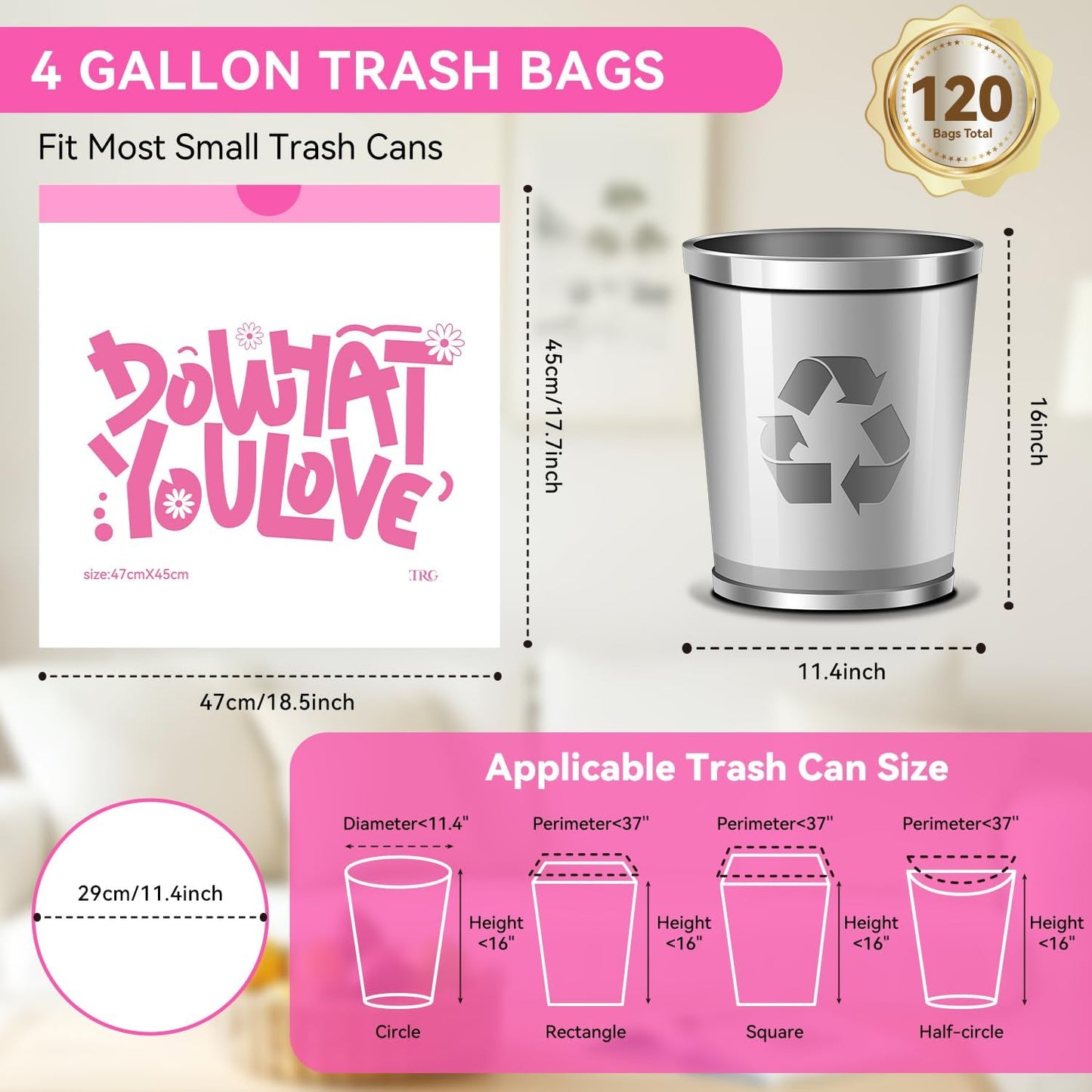4 Gallon Trash Bags, 120 Count White Alphabet Printed Small Drawstring Garbage Bags Unscented for Toilet Home Office and Bedroom