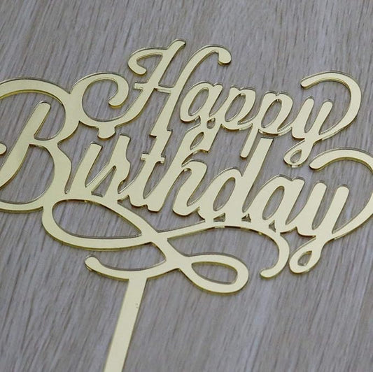 Happy Birthday Cake Topper - Birthday Party Decorations, Mirror Gold Acrylic