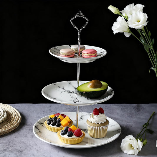 3 Tier Porcelain Cupcake Stand, Marble Pattern Tiered Serving Tray Cake Stand, Dessert Display Holder for Wedding Party Birthday and Home Décor