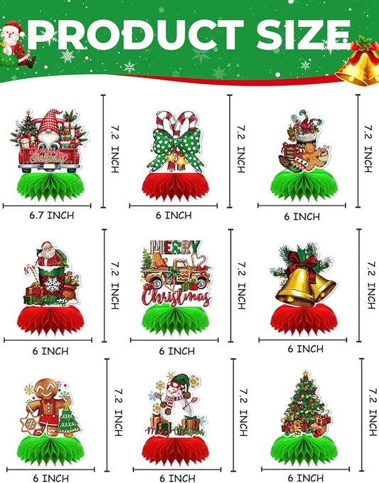 Christmas Party Table Decorations, 9Pcs 3D Christmas Honeycomb Centerpieces with Santa Claus & Snowman Designs, Festive Table Toppers for Winter Christmas Party Supplies