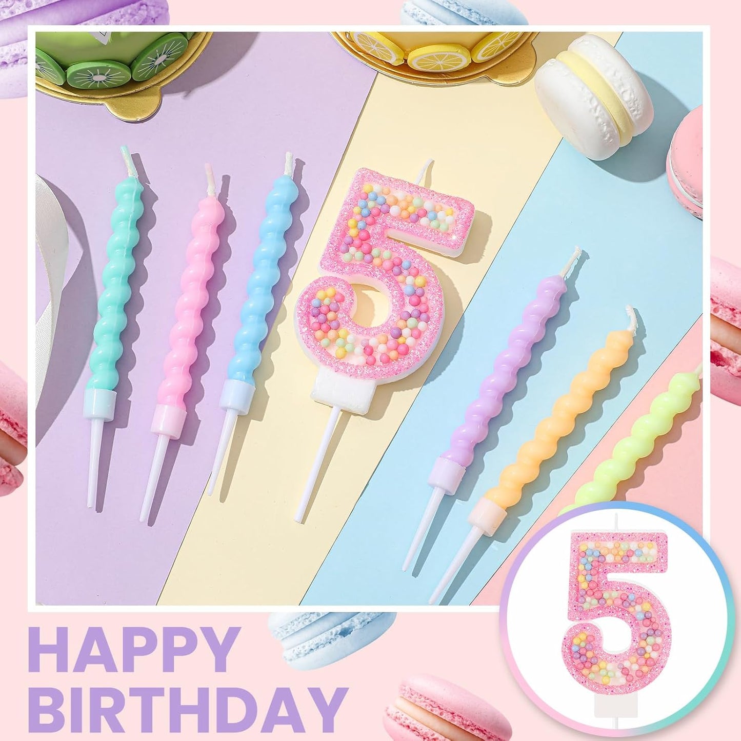 MTLEE Number 5 Birthday Candle with 12 Pcs Spiral Candles for Girls Macaron Pastel Rainbow Unicorn Pink Cake Topper for Sweet Theme Party Decoration