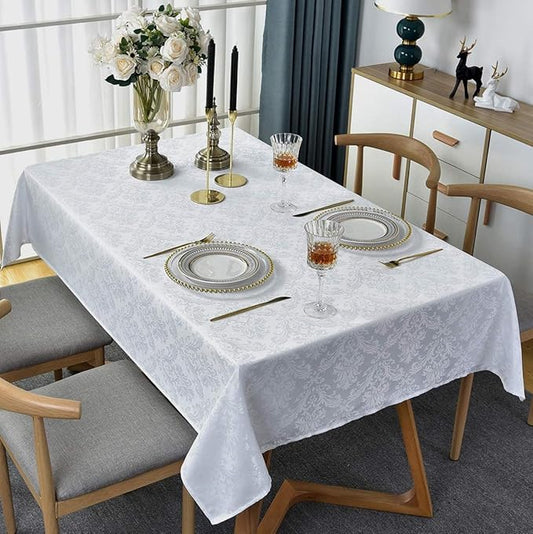Rectangle Table Cloth - 52 x 70 Inch White Jacquard Tablecloths Damask Design Spillproof Wrinkle Resistant Shrinkproof Soft Tablecloth Polyester Oblong Table Cover for Kitchen Dinning Party Tabletop