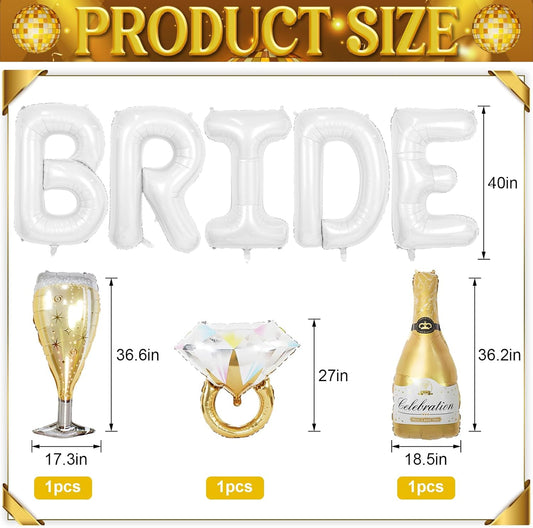 40inch Bride Balloons White Letters Banner, Bachelorette Party Decorations Set with Diamond Ring Champagne Bottle Balloon Glass Foil Balloon for Bachelorette Engagement Wedding Bridal Shower Decor
