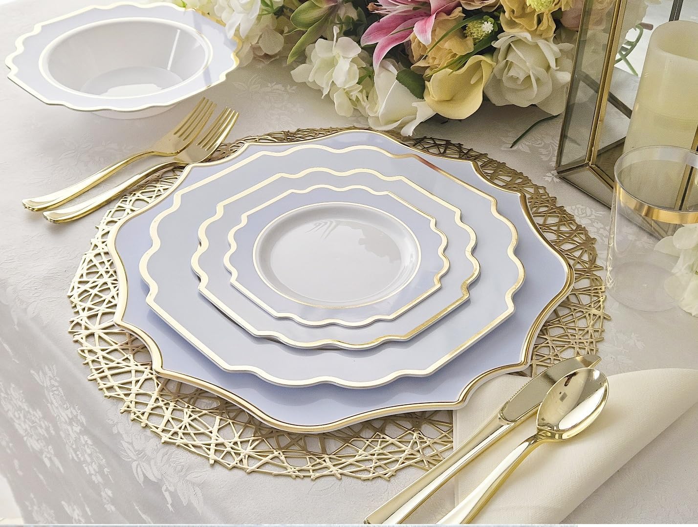 " OCCASIONS " 240 Plates Pack (120 Guests) Heavyweight Wedding Party Disposable Plastic Plates Set -120 x 10.5'' Dinner + 120 x 8'' Salad/Dessert Plate (Imperial in White/Blue & Gold)