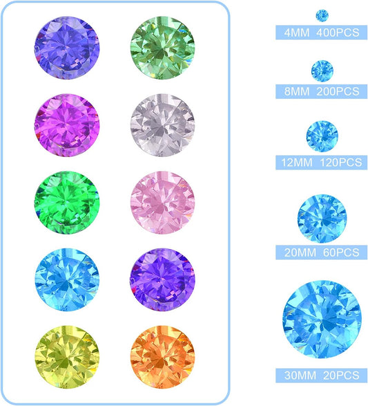 Hicarer 800 Pieces Diamond Decorations Acrylic Diamond Table Scatter Crystals for Table for Vase Fillers Party Table (Rainbow,30mm, 20mm, 12mm, 8mm, 4mm)