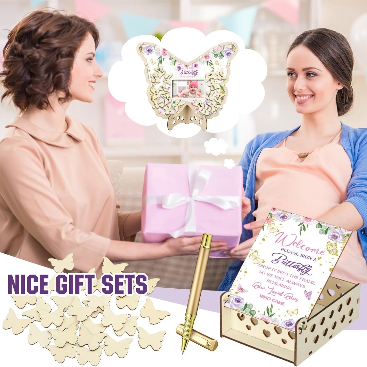 Wenqik 63 Pcs Butterfly Baby Shower Guest Book Alternatives Set Baby Shower Decorations with Photo Frame Sonogram Frame Keepsake 60 Wood Slices Guest Book for Birthday