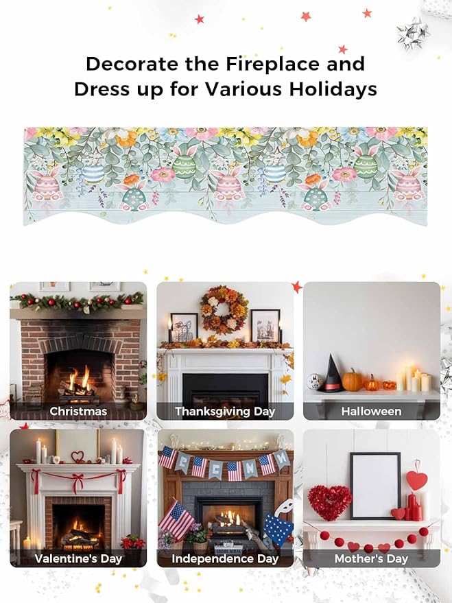 Easter Fireplace Mantel Scarf Table Runner, Spring Eggs Eucalyptus Branch Floral Wooden Winter Garland Mantel Top Tablerunners Dresser Scarves Cover Decorations for Windows Party Living Room 90''x17''