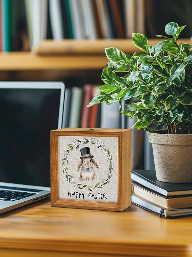 Happy Easter Bunny Garland Wooden LED Night Light USB Rechargeable Dimmable Touch Table Light for Home Decor Eucalyptus Leaf Retro Linen Wood Picture Frame Box,6.5X6.5IN