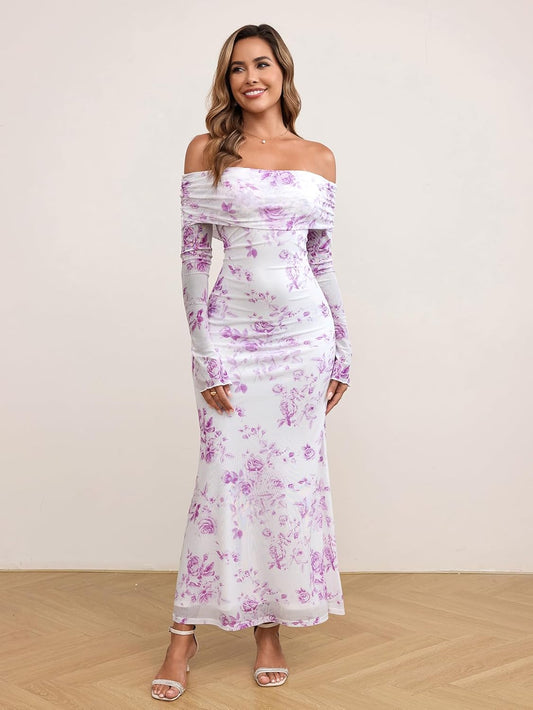 KUTUMAI Women Off Shoulder Bodycon Maxi Dress Long Sleeve Mesh Ruched Party Formal Wedding Guest Dresses