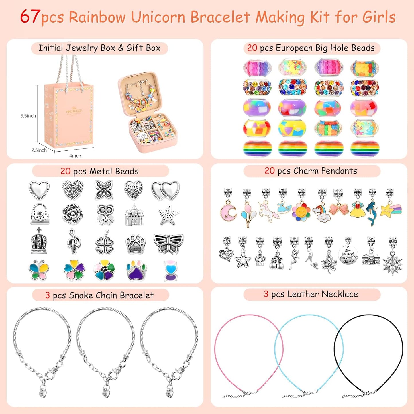 Charm Bracelet Making Kit for Girls 3-12, Kids Jewelry Making Kit 66Pcs Jewelry Kits for Girls Ages 8-12 Jewelry Maker Craft Necklace Birthday Christmas Gifts with Initial Jewelry Organizer Box - L