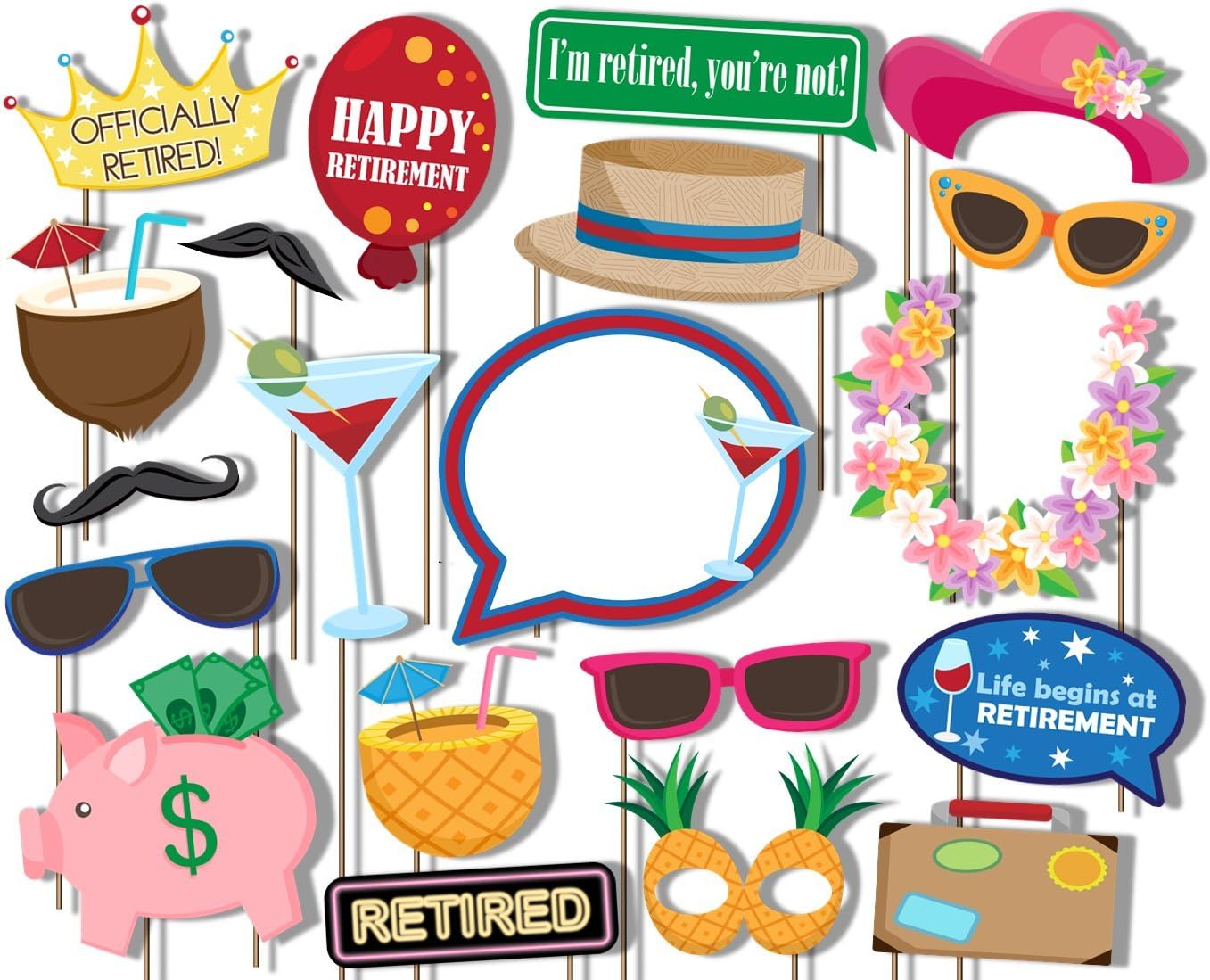 Retirement Photo Booth Props Kit - 20 Pack Party Camera Props Fully Assembled