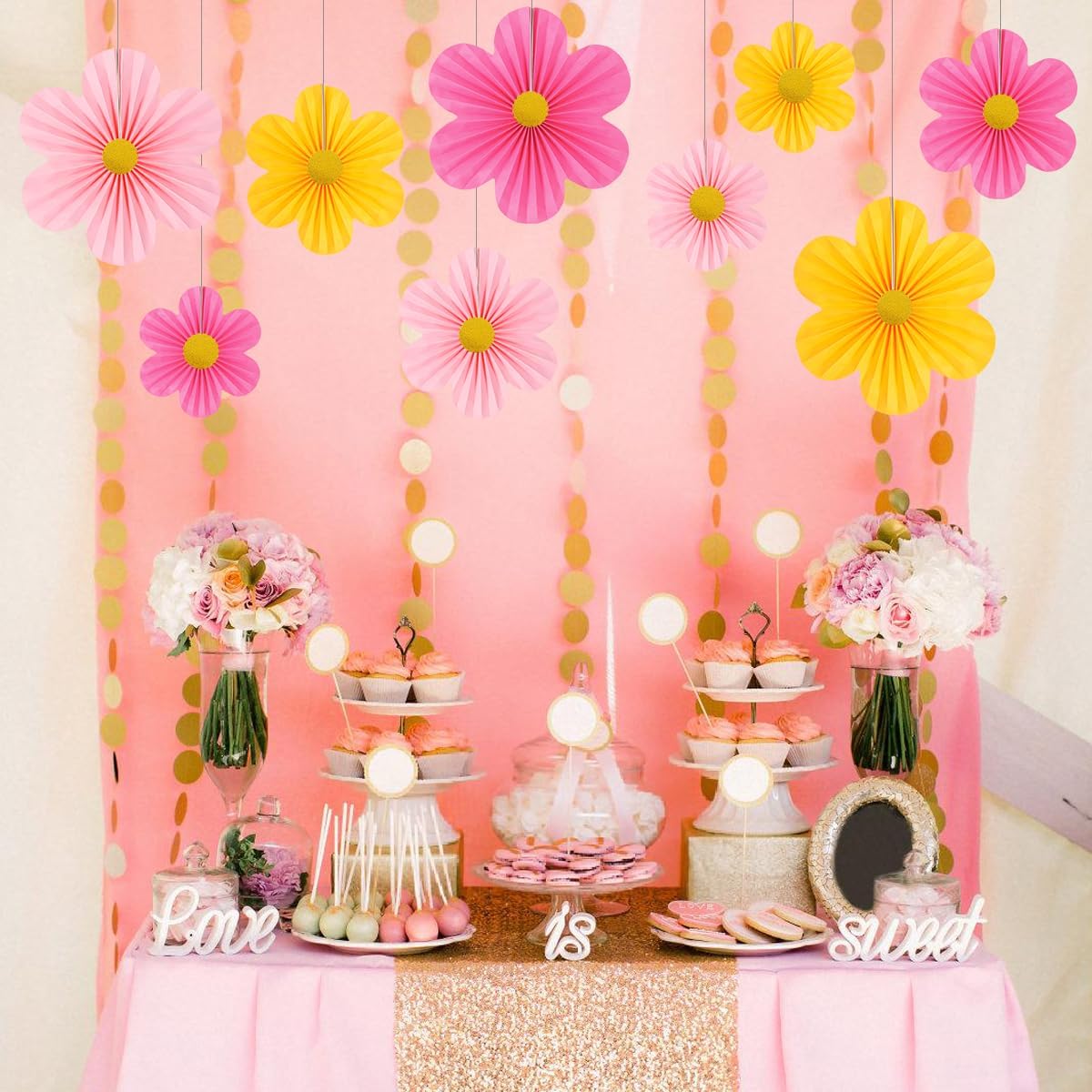 Pink Party Decorations Paper Flowers Decorations for Wall Classroom Paper Fans Floral Backdrop Flower Wall Decor Pack of 9 Pink Yellow