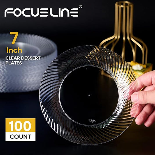 FOCUSLINE 7 Inch Clear Plastic Plates, 100 Count Disposable Heavy Duty Salad Dessert Plates, Premium Hard Plastic for Weddings, Parties & Events