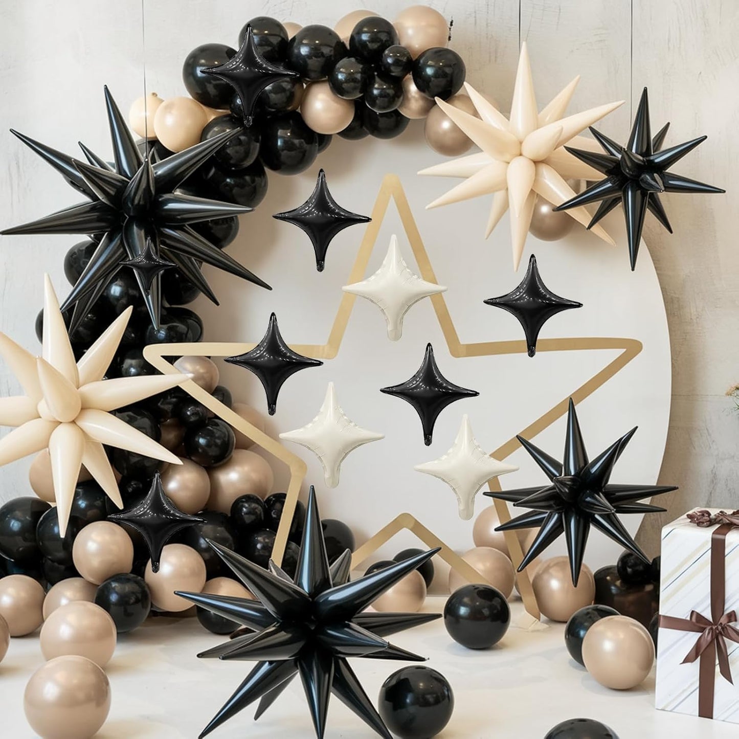 Black White Star Balloon,Sand White Black 6Pcs 22Inch Explosion Star Balloons and 10Pcs 10Inch Four Angle Balloons Kit for Birthday Anniversary Baby Shower Wedding Party Decorations