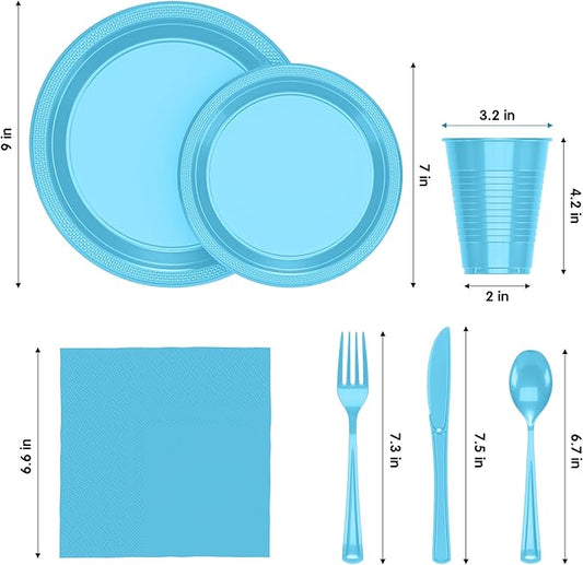 350 Pcs Light Blue Plastic Plates For Party, Light Blue Disposable Plates Set, 50 Of Each 9" Dinner Plate Set, 7" Dessert Plate, Cups, Napkins & Cutlery Plastic Dinnerware Exquisite