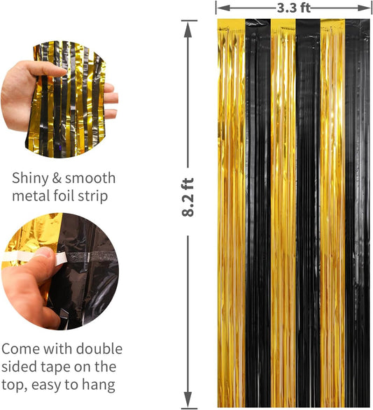 Crosize 3 Pack 3.3 x 9.9 ft Black & Gold Foil Fringe Curtains Party Decorations, Black & Gold Tinsel Curtain Backdrop for Parties, Door Streamers, Glitter Streamer Backdrop for Birthday Decoration