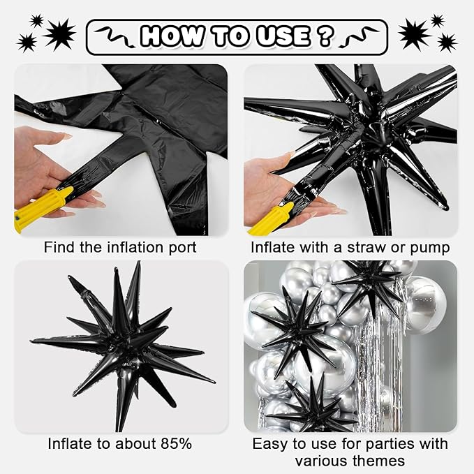 Black Star Balloons,9Pcs 22Inch Black Explosion Spike Cone Helium Polyester Film Star Foil Balloons for Birthday Anniversary Baby Shower Wedding Disco Party Decorations