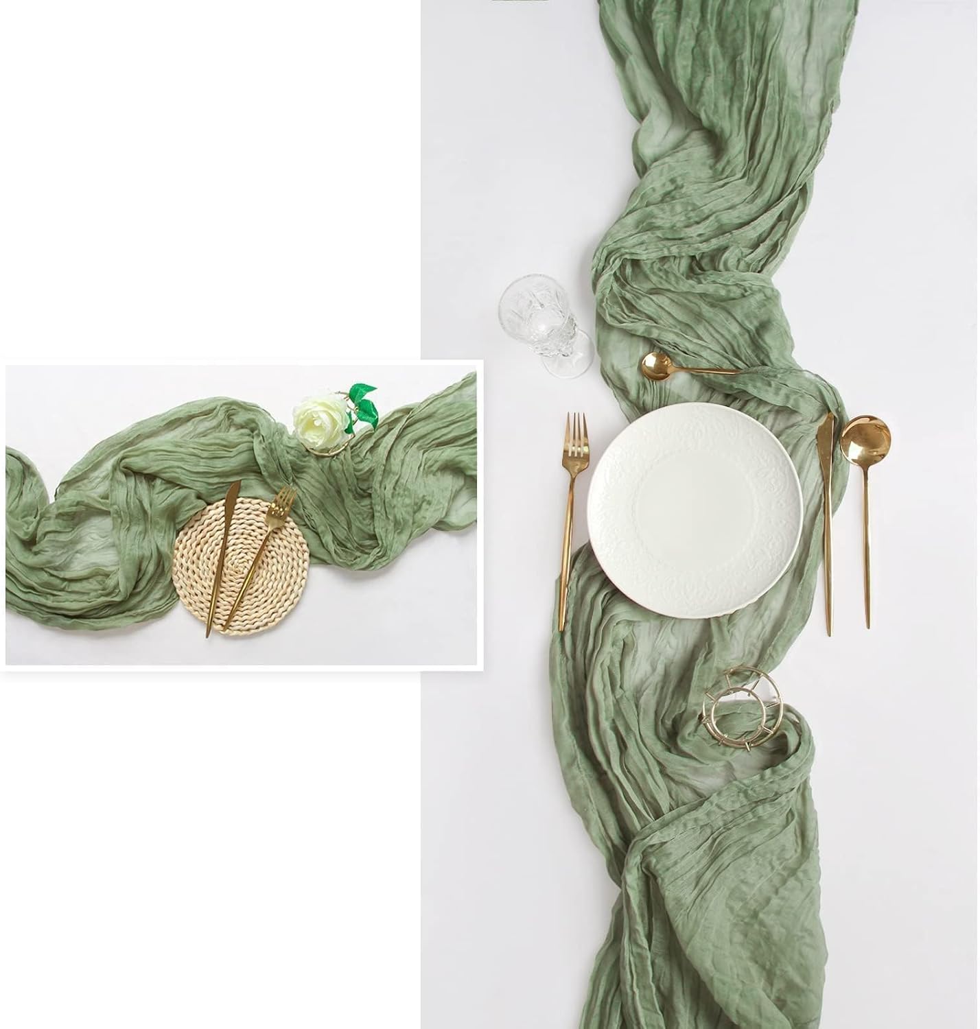 FEXIA Cheesecloth Table Runner Sage Green for Woodland Baby Shower Bridal Wedding Decoration Gauze Rustic Table Runner for Party First Communion Centerpiece Engagement 35x120 Inches