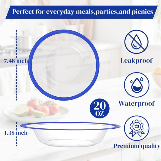 Liacere 60Pcs Blue Plastic Bowls - Disposable Clear and Blue Bowls - 12OZ Premium Heavy Duty Plastic Soup Bowls for Wedding &Independence Day