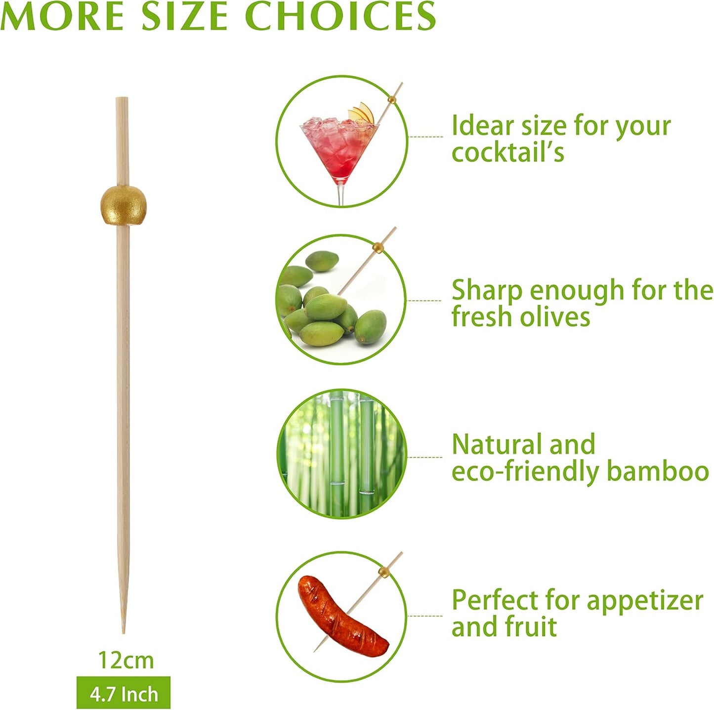 600 Pcs Cocktail Picks, 12 cm Toothpicks for Appetizers, Bamboo Cocktail Sticks Skewers for Drinks, Desserts, Charcuterie, Wedding Party Fancy Toothpicks, Gold Pearl Mini Food Picks Decorative