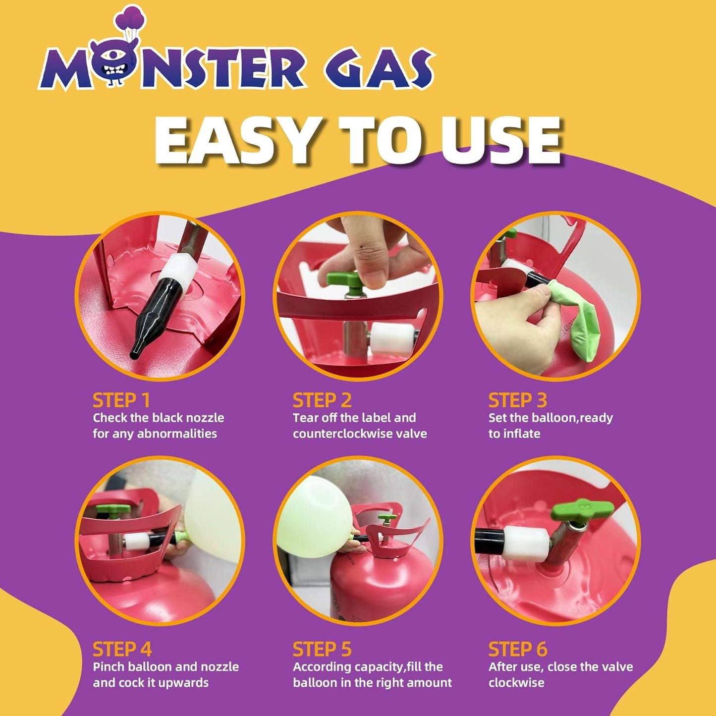 Monster Gas 13L Helium Tank For Balloons At Home, 14.9 cu.ft Balloon Helium Tank Up To 50 Latex Balloons, Small Helium Tanks