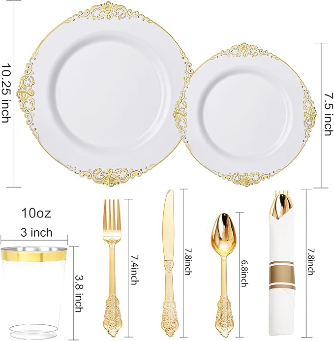 Nervure 700PCS Gold Plastic Plates - Gold Plastic Dinnerware Sets for 100 Guests - 200 Disposable Plates, 300 Silverware, 100 Cups, 100 Napkins for Wedding & Party