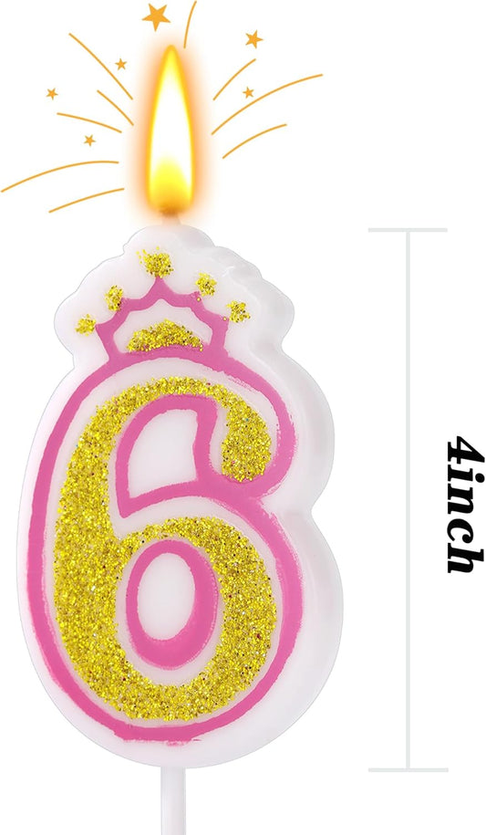 Birthday Number Candles, Number 6 Pink Giltter Candles for Cake, Candle Cake Topper with Sequins for Anniversary Celebrations Supplies (Number 6)