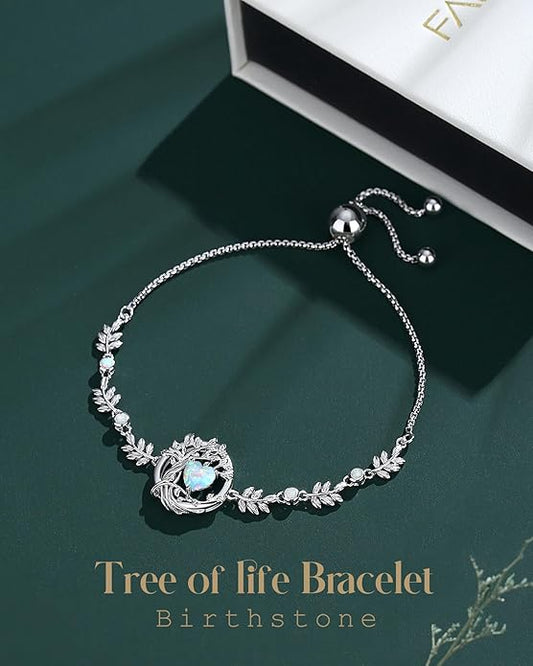FANCIME Valentines Day Gift Tree of life Birthstone Bracelet for Women Sterling Silver Tree Jewelry Birthstone Charm Bracelet Gemstone Anniversary Birthday Gifts for Wife Mom Her