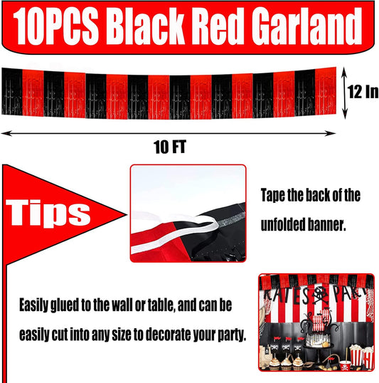 10 Pack 10 Feet Foil Fringe Garland Metallic Tinsel Streamers Banner Wall Hanging Backdrop for Parade Floats, Bachelorette, Casino Viva Las Vegas Game Night Birthday Party Decorations(Black Red)