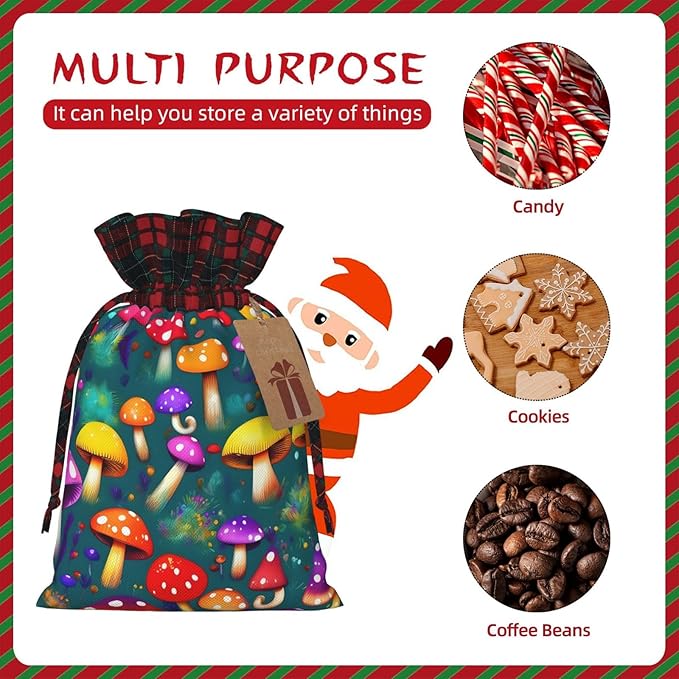 PULaif Bright Mushrooms Arts Christmas Drawstring Gift Bags, Large Size Christmas Bags For Gifts Party Favors, Xmas Gift Bags