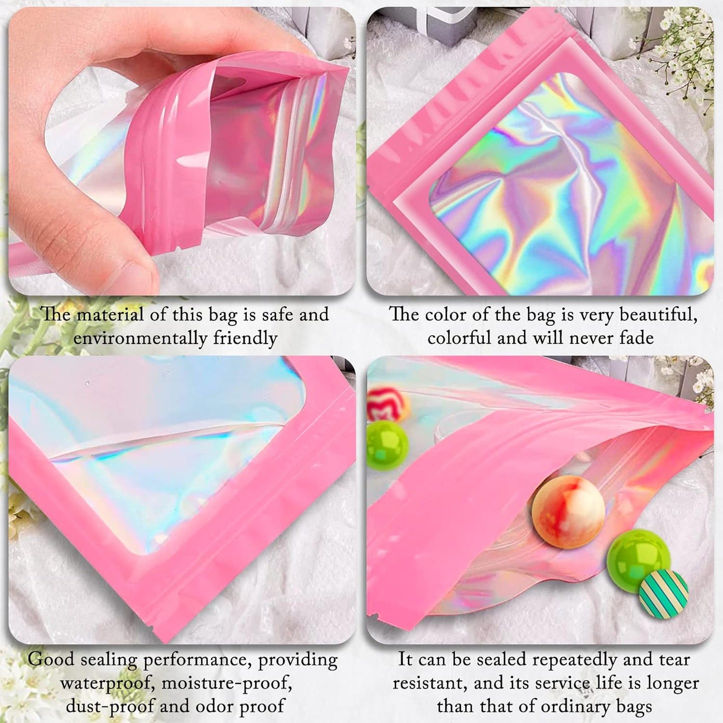 100 Pieces Smell Proof Mylar Resealable Bags, Holographic Packaging Bags, Resealable Odor Foil Pouch Zip Bag with Clear Window for Food Storage and Lipgloss, Jewelry Lash (Pink, 3.1 x 5.1 Inch)