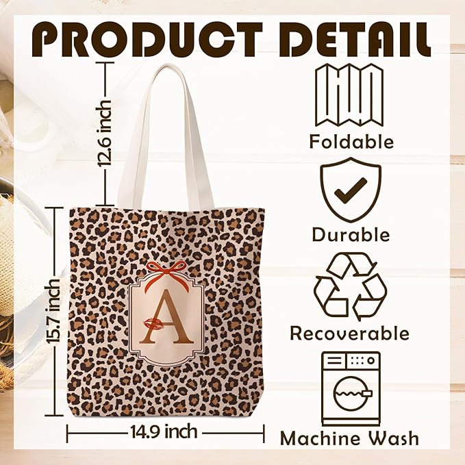 Coquette Leopard Print Letter A Tote Bag for Women,Trendy Cheetah Print Canvas Tote Bag for Girls,Red Bow Letter A Leopard Aesthetic Reusable Shopping Grocery Bags Party Favors