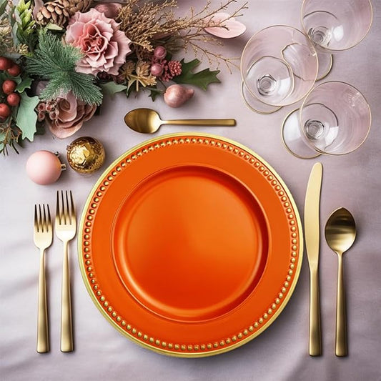 Orange Beaded Charger Plates, Set of 6, 13 Inch Plastic Round Chargers for Dinner Plates, Party, Wedding, Birthday.(Orange. 6)