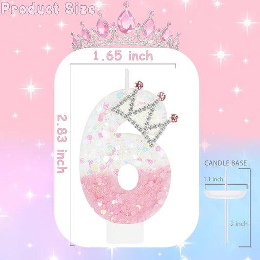 Pink White Number 6 Candle, Glitter Crown Cake Topper, Princess Birthday Party Decorations for Girls and Women Anniversary Celebrations Party Favors