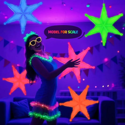 Mega-L Glow in the Dark Neon Hexagram Balloons 5Pcs – 19" Fluorescent Party Balloons for Neon & Black Light Events