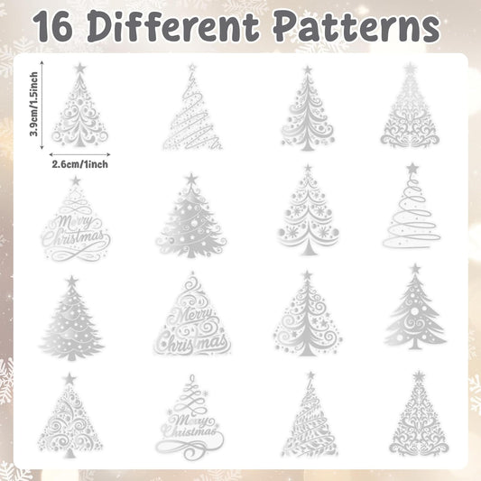 Foil Christmas Tree Stickers - 2 Rolls 16 Designs Easy Peel Metallic Tree Waterproof Decals for Gift Wrapping, Holiday Cards, Water Bottle Laptop Decor, Kids Crafts & Party Supplies