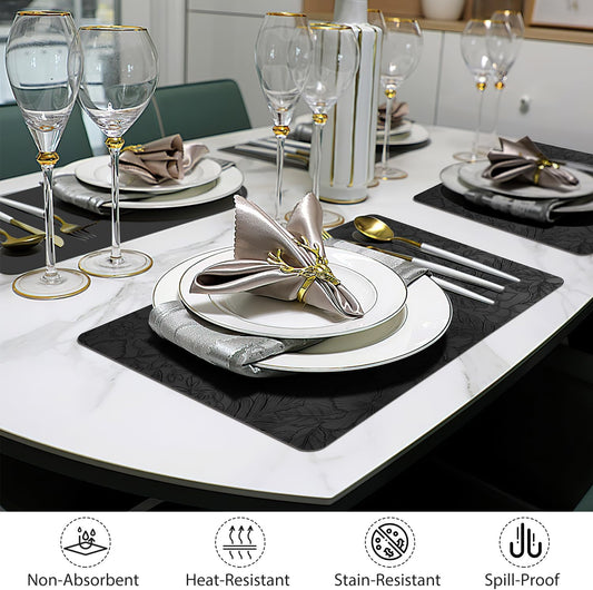17" × 12" Faux Leather Placemats Set of 6, Black, Washable, Wipeable & Heat-Resistant Table Mats, Waterproof & Anti-Slip Dining Place Mats with Shallow Embossed Texture for Kitchen & Dining & Outdoor