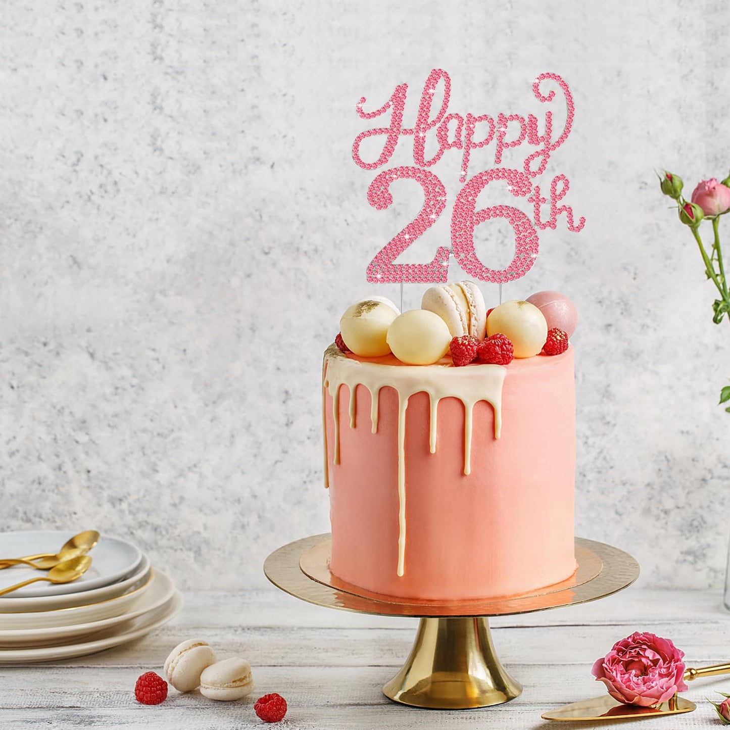 Happy 26th Birthday Decorations,26th Birthday Silver & Red Rhinestone Cake Topper - Cheers to 26 Years Old Bday Party Metal Sparkly Cake Centerpieces Sign.