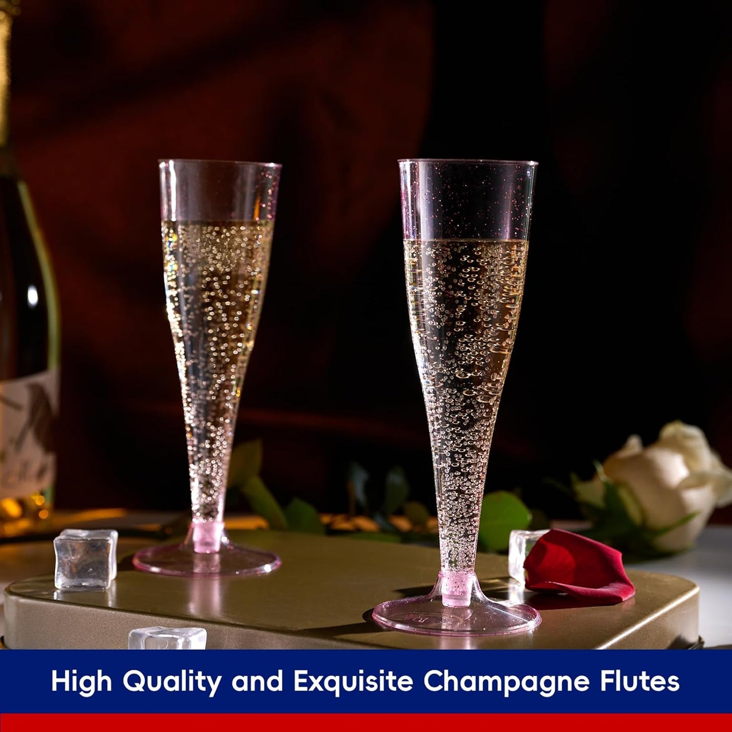 JOLLY CHEF 100 Pack Plastic Champagne Flutes Disposable 4.5 oz Purple Glitter Plastic Champagne Glasses Suitable for Wedding, Thanksgiving Day, Christmas