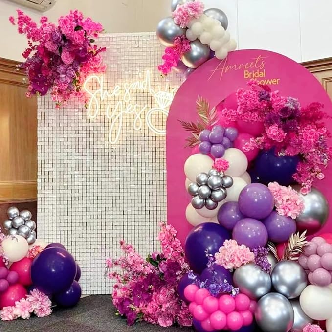 Hot Pink Purple White Silver Balloon Garland Arch Kit, 167Pcs Latex Balloons Different Sizes 18 12 10 5 inch for Women Princess Girl Birthday Bridal Baby Shower Party Decoration
