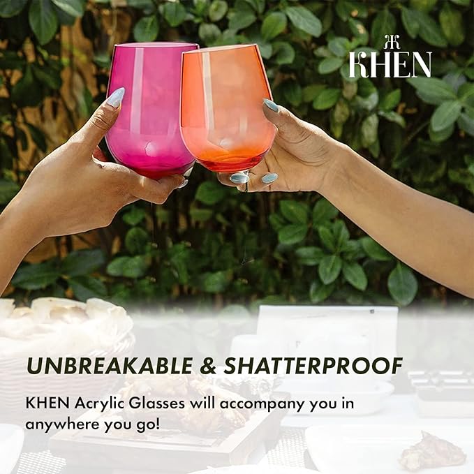 Floating Wine Glasses for Pool (18 Oz | Set of 2) - Wine Glass Set That Float | Shatterproof Poolside Wine | Beach Glass | Outdoor Tritan Plastic Glassware with Stem for Patio, Picnic - Peach Orange