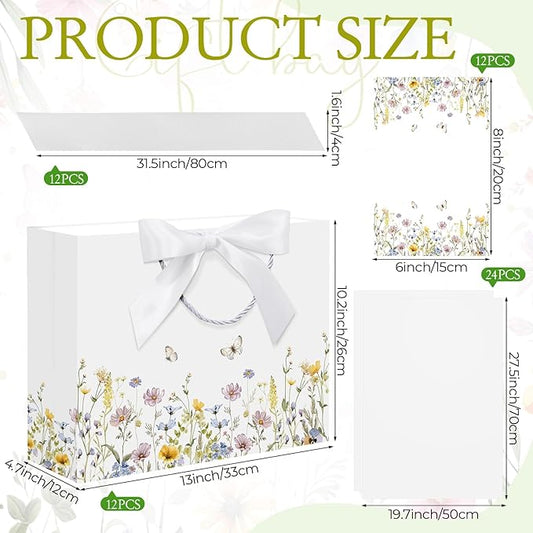 Maitys 12 Sets 13" Large Wildflower Gift Bag Spring Butterfly Floral Gift Bags with Tissue Papers, Ribbons and Greeting Cards for Wedding Bridal Shower Birthday Spring Tea Party Supplies
